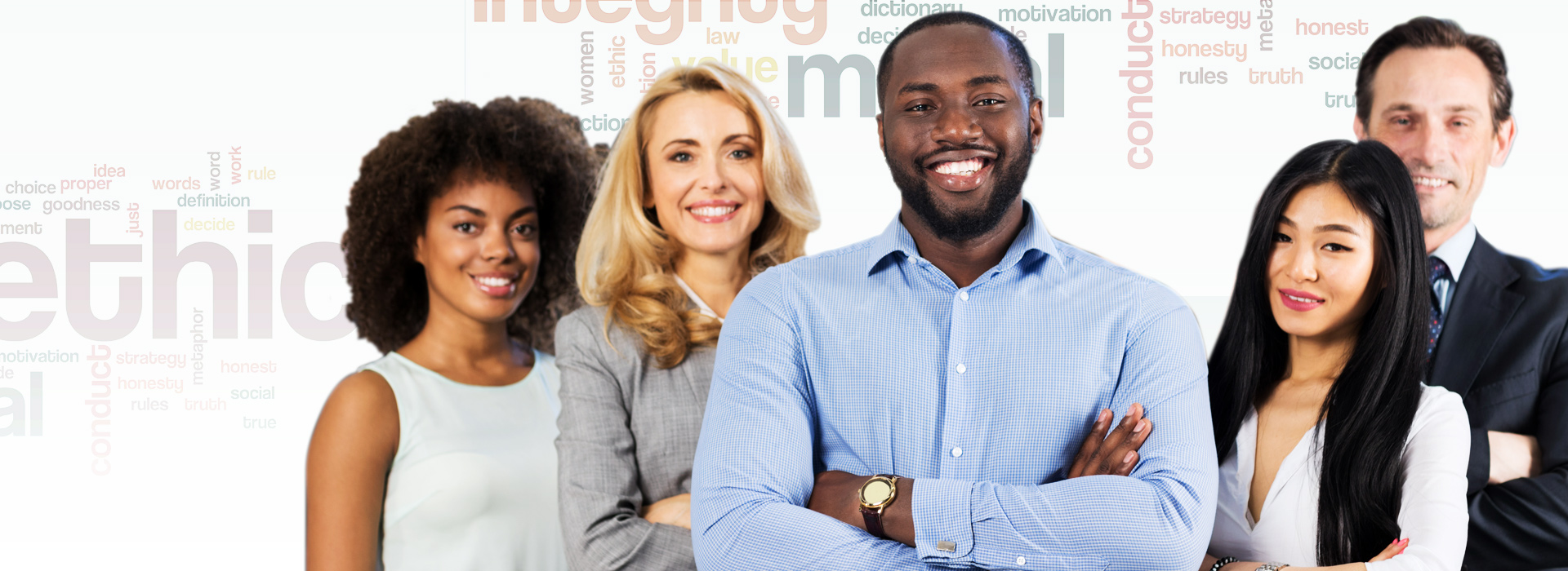 A diverse group of professionals in front of a wall of words about ethics and integrity